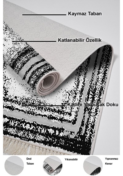 Dekoreko Kaymaz Taban Djt Mutfak Halısı Trend Saçaklı Modern M5132 Siyah