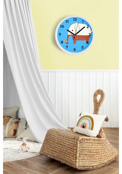 Sevimli Fil Çocuk Odası Duvar Saati - 35cm - Önü Camlı Beyaz Kasa - Sessiz Mekanizma Beyaz