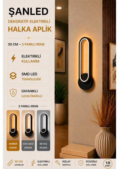 Dekoratif 20w Halka Modeli İç Mekan Siyah Kasa 3 Renkli Işık Elektrikli 30 Cm Duvar Aplik 10 Adet