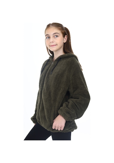 Toontoy Kız Çocuk Kapüşonlu Fermuarlı Cepli Reglan Kol Peluş Hırka Haki