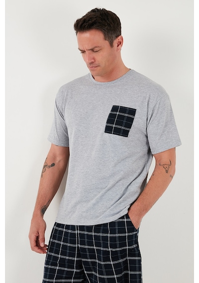 Buratti Kareli Regular Fit Pamuklu Bisiklet Yaka Kısa Kollu Şortlu Erkek Pijama Takımı 6572020 Gri Melanj