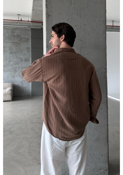 Erkek Oversize Çizgili Modal Gömlek Kahverengi