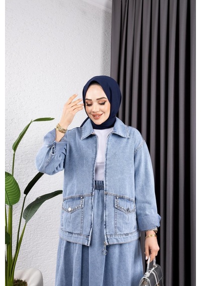 Harman Butik Kadın 2li Takım Kot Ceket Ve Beli Lastikli Etek Mavi Mavi