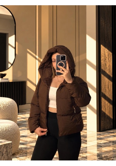 Elora Atelier Kahverengi Kapüşonlu Fermuarlı Şişme Mont