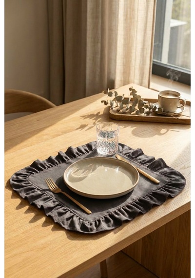 Pamuklu Fırfırlı Kare Supla 6'lı Set Amerikan Servis 33 Cm Supla Gri