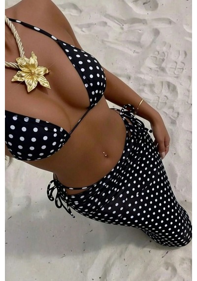 Bella Notte Puantiye Desenli 3 Parça Plaj Kombini Bikini Takımı Ve Pareo Siyah