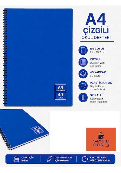 Saygılıofis 40 Yaprak A4 Spiralli Pp Kapak Çizgili Defter Mavi