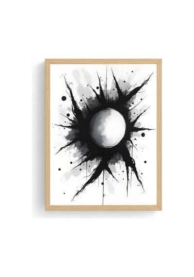 Doğal Ahşap Çerçeveli Soyut Siyah-beyaz Desenli Tablo - Minimal Huhu1184