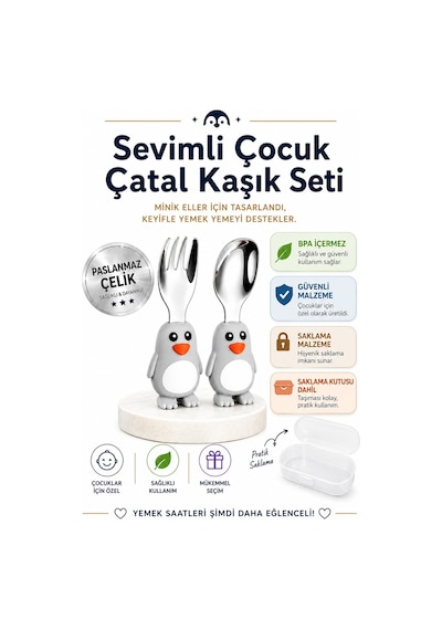 Penguen Figürlü Premium Çocuk Bpa Free Silikon Sap Paslanmaz Çelik Uçlu Çatal-kaşık Set 9+ Ay
