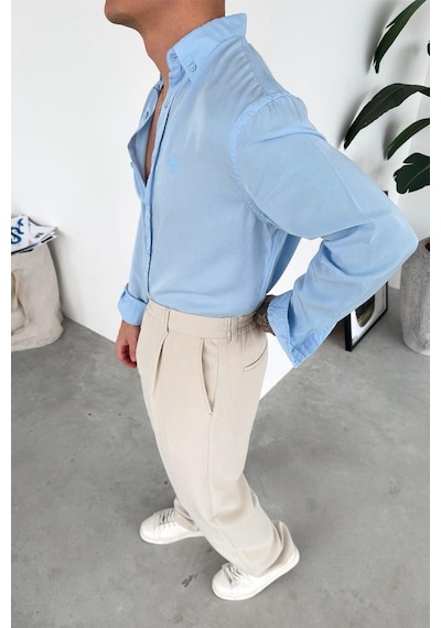 Bebe Mavi Nakışlı Oversize Modal Gömlek Bebe Mavi