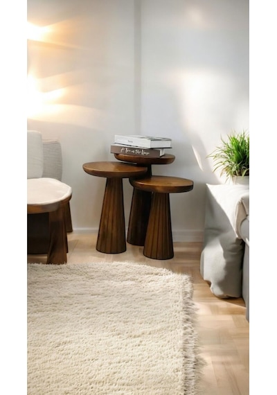 Wood Wooden Ahşap 3 Lü Set Fitilli Mantar Yan Sehpa Modern Açık Ceviz Renk Açık Ceviz