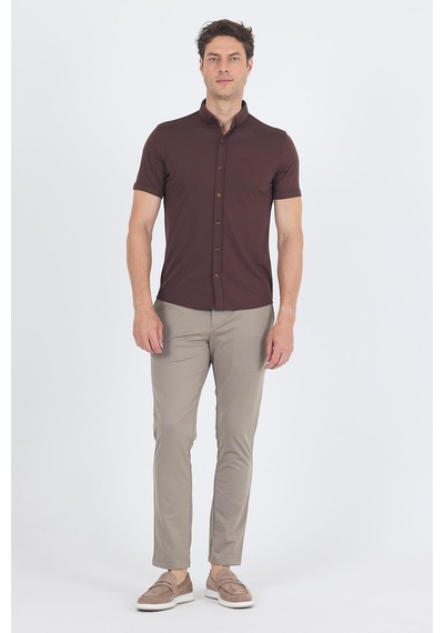 İmza Koyu Kahverengi İtalyan Düğmeli Yaka Kısa Kol Cepsiz Slim Fit Gömlek 1004250255 Koyu Kahverengi