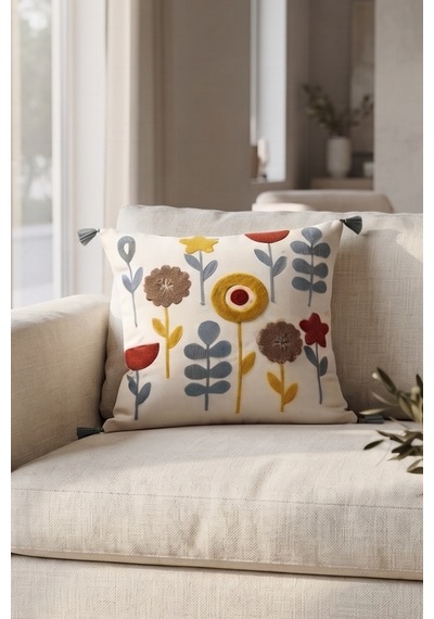 Modern Bahçe Renkli Çiçek Motifli Punch Nakışlı Püsküllü Pamuk Kırlent Kılıfı 42x42 Cm Gri
