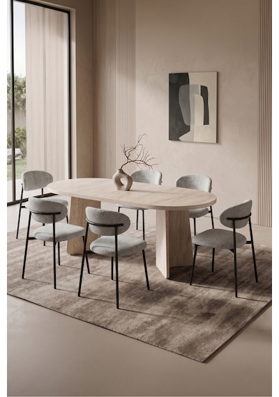 Hopilon Traverten 90x168 Mdf Masa, Mdf X Ayak, Metal Polo Sandalye, 6 Kişilik Mutfak Masası Takımı Ve Yemek Masası Takımı Gri