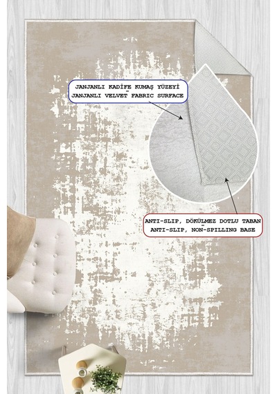 Dekoratif Modern Desenli Bej Makinede Yıkanabilir Kaymaz Taban Halı Oturma Odası Salon Halısı Yolluk