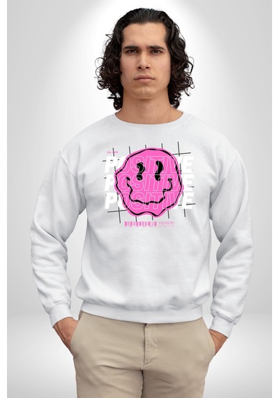 Positive Enerji Emoji Gülen Surat Unisex Beyaz Sweatshirt Beyaz