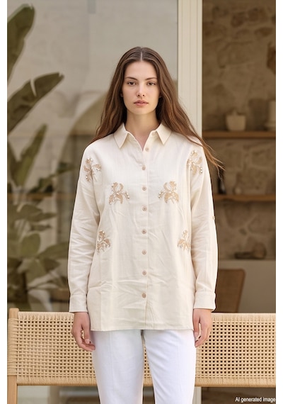 Lale Butik Taş Detaylı Çiçek Desenli Gömlek 17036 Bej05