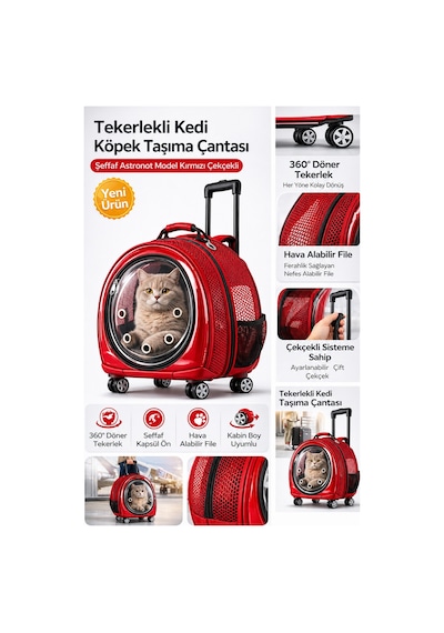 Jumbo Fileli Tekerlekli Kedi Köpek Taşıma Çantası 45 X 50 X 27 Cm Kırmızı 15 Kg