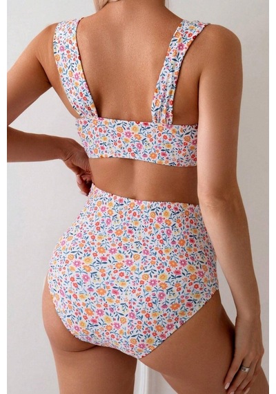 Bella Notte Minimalist Çiçek Desenli Kaplı Yüksek Bel Bikini Takımı Çok Renkli