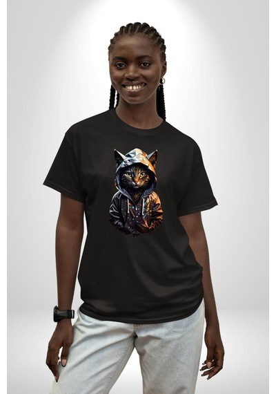 Hip Hop Gençlik Kedi Çeket Pamuklu Bisiklet Yaka Unisex Oversize Boyfriend Dijital Baskılı Siyah T-shirt Siyah