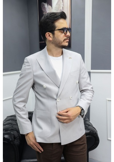Avni Ceylan Verde Dokulu Gofre Kumaş İtalyan Stil Slim Fit Kruvaze Erkek Ceket Gri