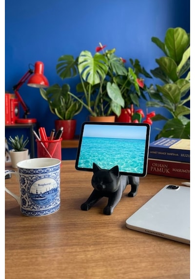 Siyah Kedi Telefon Tablet Tutucu 10 X 10 Cm