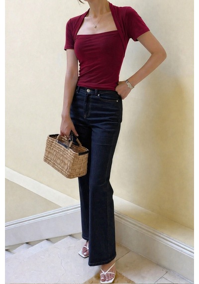 Kadın Haki Kuğu Yaka Slim Kısa Kollu Fit Crop Bluz Bordo