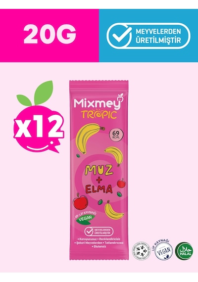 Mixmey Muz Meyve Barı 12 Adet | Atıştırmalıklar – Vegan, Glutensiz, Koruyucusuz (20GR X 12 ADET)