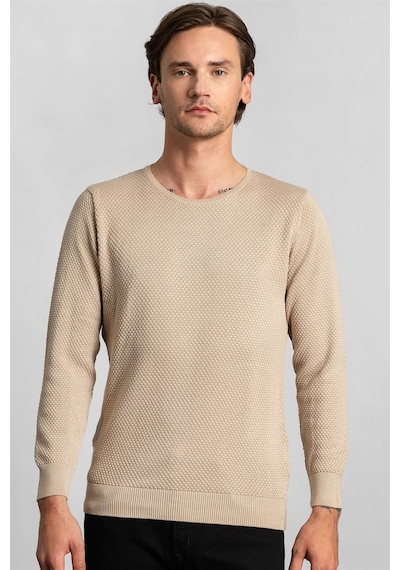 Tudors Slim Fit Dar Kesim Bisiklet Yaka Petek Desenli Erkek Kazak-22065 Krem