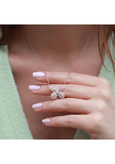 Kelebek Model Beyaz Zirkon Taşlı Rose Gold Kaplama Gümüş Kolye Gümüş