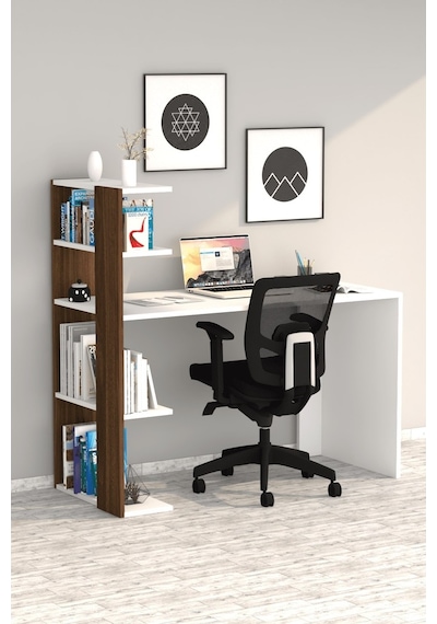 Moonlife Çınar Kitaplıklı Çalışma Masası Beyaz Ceviz Beyaz