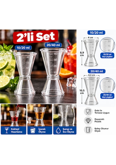 Polikarbon Kokteyl Ölçü Kabı Jigger 2 Li Set 10/20 Ml + 20/40 Ml