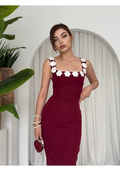 Defymoda Mıng Çiçek Detaylı Elbise Bordo