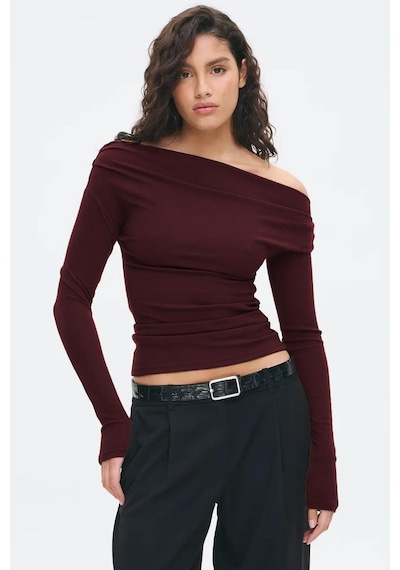 Madmext Bordo Kadın Off Shoulder Uzun Kollu Bluz Mg2567 Bordo