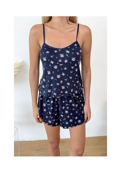 Giysa Kadın Askılı Çiçek Desenli Şortlu Pijama Takımı Lacivert - 3300