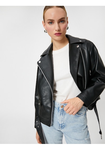 Koton Oversize Biker Ceket Suni Deri Fermuarlı Siyah 3sak20013ew