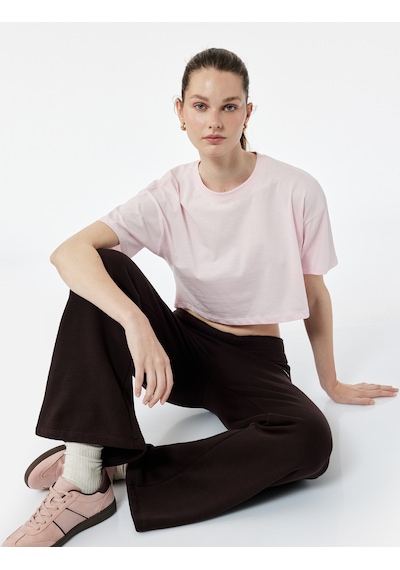 Koton Pamuklu Rahat Kesim Bisiklet Yaka Crop Spor Tişört Açık Pembe 5sak10284nk