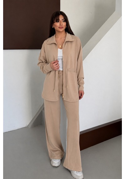 Balenbi Oversize Fermuarlı Beli Bağcıklı Polo Yaka Modal Kadın Takım 1196 - Premium Seri Camel Balenbi Oversize Fermuarlı Beli Bağcıklı Polo Yaka Modal Kadın Takım 1196 - Premium Seri Camel