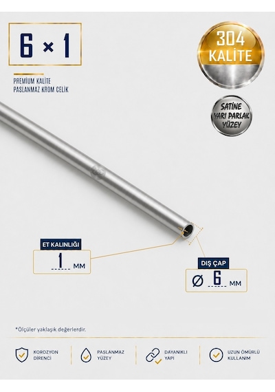 Paslanmaz Boru - 6 X 1mm - Boy 1 Metre - Krom Çelik