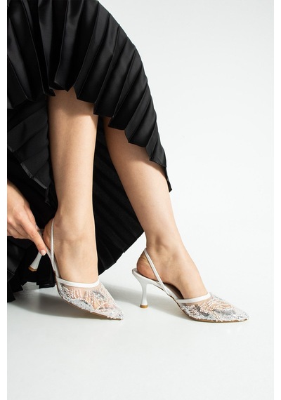 Lebibe Shoes Perıe Beyaz Kadın 7 Cm Topuklu Pullu Payetli Bantlı Abiye Gelin Düğün Ayakkabısı Terliği