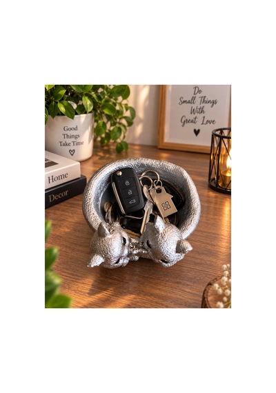 Dekoratif Sevimli Kedi Figürlü Çok Amaçlı Organizer Takı, Toka Ve Anahtarlık Kabı 15x13 Cm Gümüş