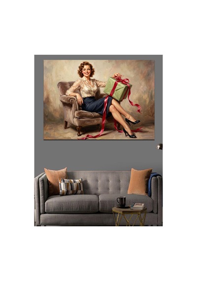 Hediye Paketi Tutan Pin-up Kadın Yağlı Boya Dokulu Kanvas Tablo Canvas Tablosu