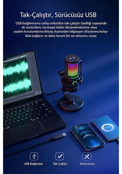Exenar - Siyah - Condenser Yayıncı Mikrofonu Profesyonel Rgb Pc/ps4/ps5 Gamer Oyuncu Tiktok Youtube İnstagram Mikrofon