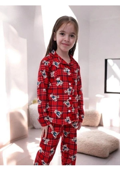 Çocuk Ayıcık Dessenli Pijama-14920 Kırmızı