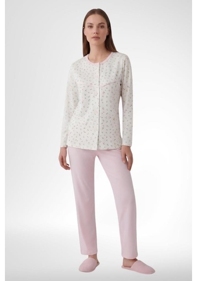 Mecit Pijama Mecit 6362 Pembe Boydan Düğmeli Büyük Beden Kadın Pijama Takımı