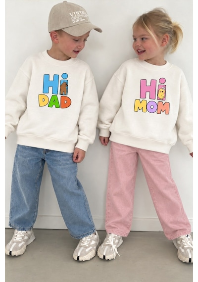 Monila Unisex Çocuk Pamuklu Bisiklet Yaka Mom/dad Baskılı Sweatshirt Ekru