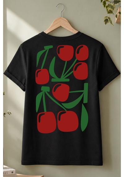Spoyi Cherry Mood Tasarımlı %100 Pamuk Yarım Oversize Siyah T-shirt