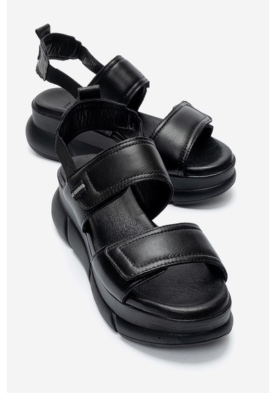 Luvishoes Celeste Siyah Hakiki Deri Cırt Bantlı Kadın Kalın Tabanlı Sandalet