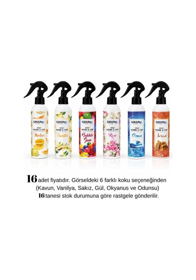Gmax Sprey Koku Çok Amaçlı Oda Ve Oto Parfüm Kokusu Karışık Esanslı Kötü Koku Giderici 250 Ml X 16'lı Paket Glz03020674 16 Adet Diğer