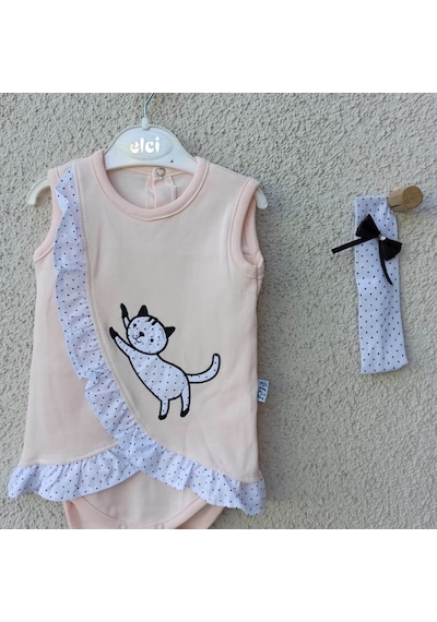 Elci Baby 3-9 Ay Kız Bebek Badi Kedili Fırfırlı Bandanalı Somon Çok Renkli